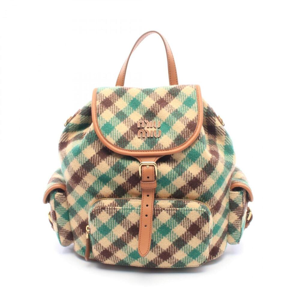 Miu Miu Miu Check Backpack/Handbag, Wool Leather, Women's, Beige/Green/Multic...